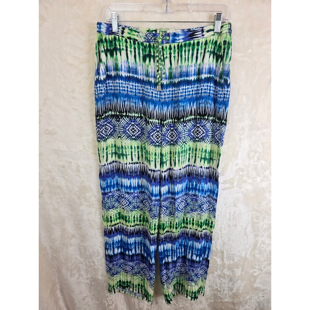 Chaus New York Womens Blue Green Ikat Tie Dye Drawstring Wide‎ Leg Pants Small